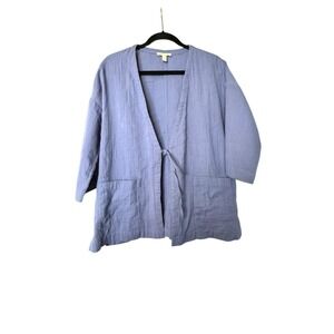 Eileen Fisher Blue Blang Organic Cotton Guaze V Neck Kimono Jacket Med NWT $198